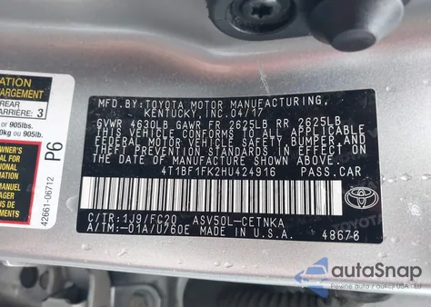 2017 Toyota Camry Le из США, поврежденный, VIN 4T1BF1FK2HU424916